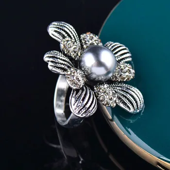  LEEKER Vintage Gri Perla Mare de Flori Inele Pentru Femei Antichități Argint Culoare Feminin Retro Bijuterii Statement ZD1 LK8