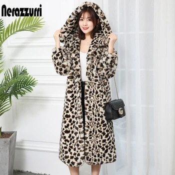  Nerazzurri Înaltă Calitate Cald Îngroșat Leopard Print Faux Blana Femei cu Gluga de Iarna Pufoase de Lux Moda coreeană