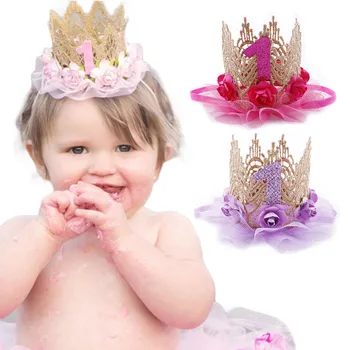  1 Coroana de Ziua Pălărie Flower Princess Crown Bentita de Un An Fata de Copil Fericit Ziua de nastere Pălării de Petrecere Copil de Dus Copilul Decoartion
