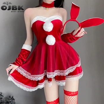  OJBK Santa Lenjerie de Crăciun Rochie de Dantelă Roșie de Pluș de Crăciun de Cosplay, Costume Sexy, Lenjerie Erotic fără Mâneci Curea de Cămașă de noapte