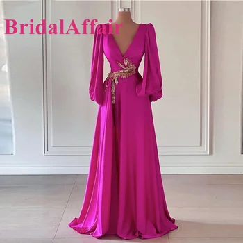  BridalAffair Elegante De Matase Fuchsia Satin Rochii De Seara Lungi Mâneci V Gât De Aur Decora Fantă Dubai Femei Arabe Rochii De Bal