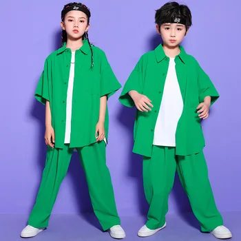  Copii Considerentul Hip Hop Tinutele Show Îmbrăcăminte Tricou Verde Topuri Streetwear Pantaloni Largi Fată Băiat De Jazz Dans Costum De Haine De Scenă