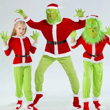  De Crăciun Copiii Adulți Costum De Moș Crăciun Monstru Verde Elf De Crăciun Haine Masca Petrecere Rochie Fancy Pentru Barbati Femei Tinuta De Anul Nou