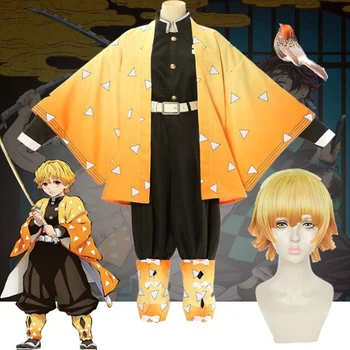  Adult Copii Demon Slayer Cosplay Costum Agatsuma Zenitsu Kimetsu nu Yaiba Bărbați Kimono Anime Galben Uniform