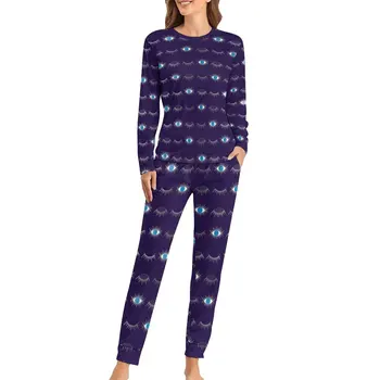  Albastru Deochi Pijamale Femei Nazar Mati De Imprimare Drăguț Îmbrăcăminte De Noapte De Toamna 2 Piese Casual Supradimensionat Seturi De Pijama