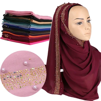  2020 Vara Noi Doamnelor Roz Rosu Simplu Șifon Pearl Margele Hijab Eșarfă Echarpe Femeile Musulmane Păr De Pe Cap Marame Bufandas