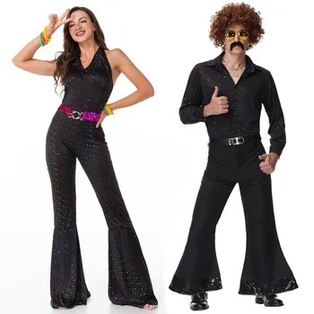  Cuplu de Halloween Cosplay, Costume de Epocă 70 80 Hippies Disco Costum Bărbați Femei Festivalul de Muzica de Petrecere Disco Haine Haine